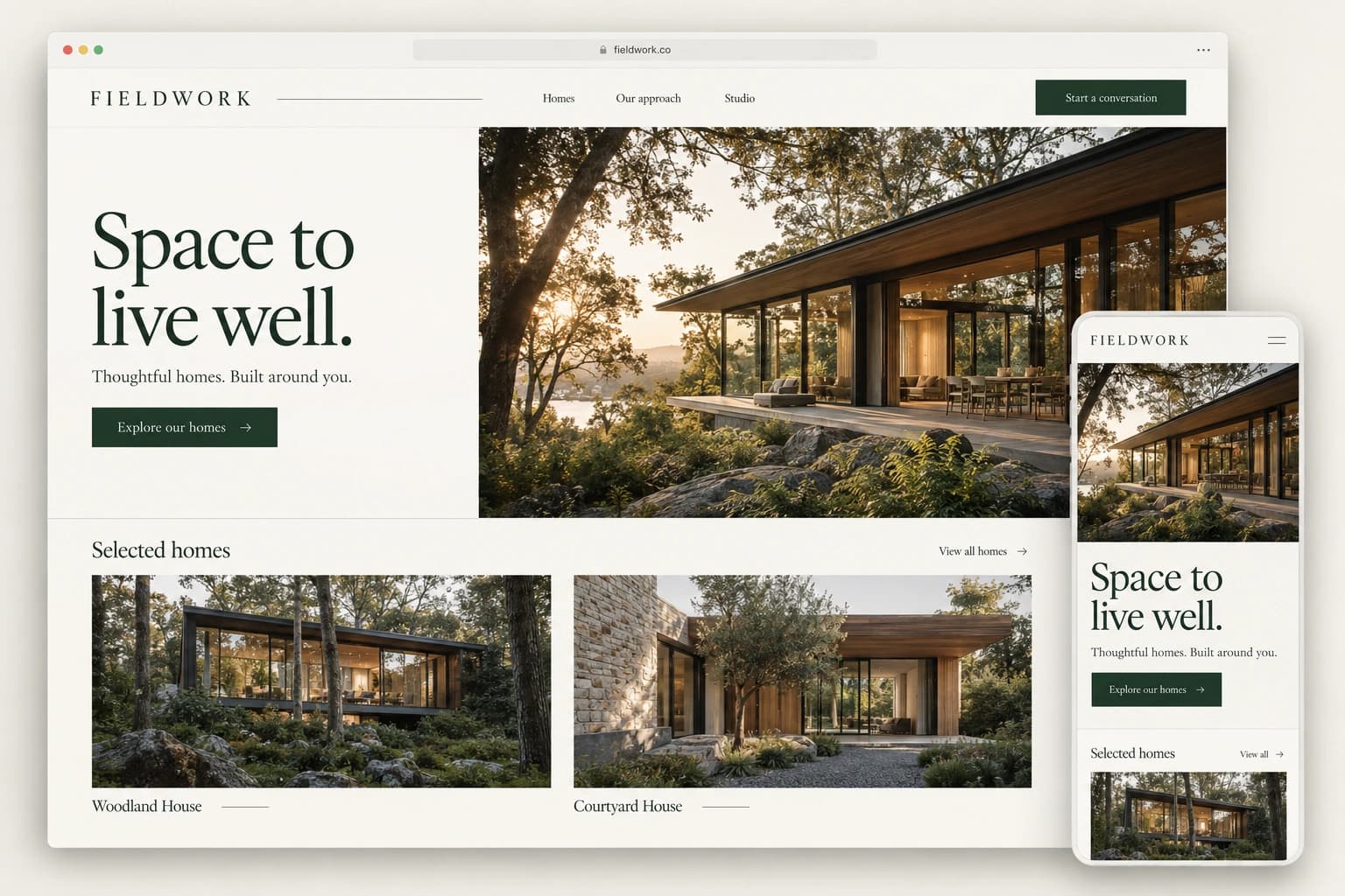 Fictional Fieldwork architecture website concept, with a spacious desktop layout and matching mobile design.