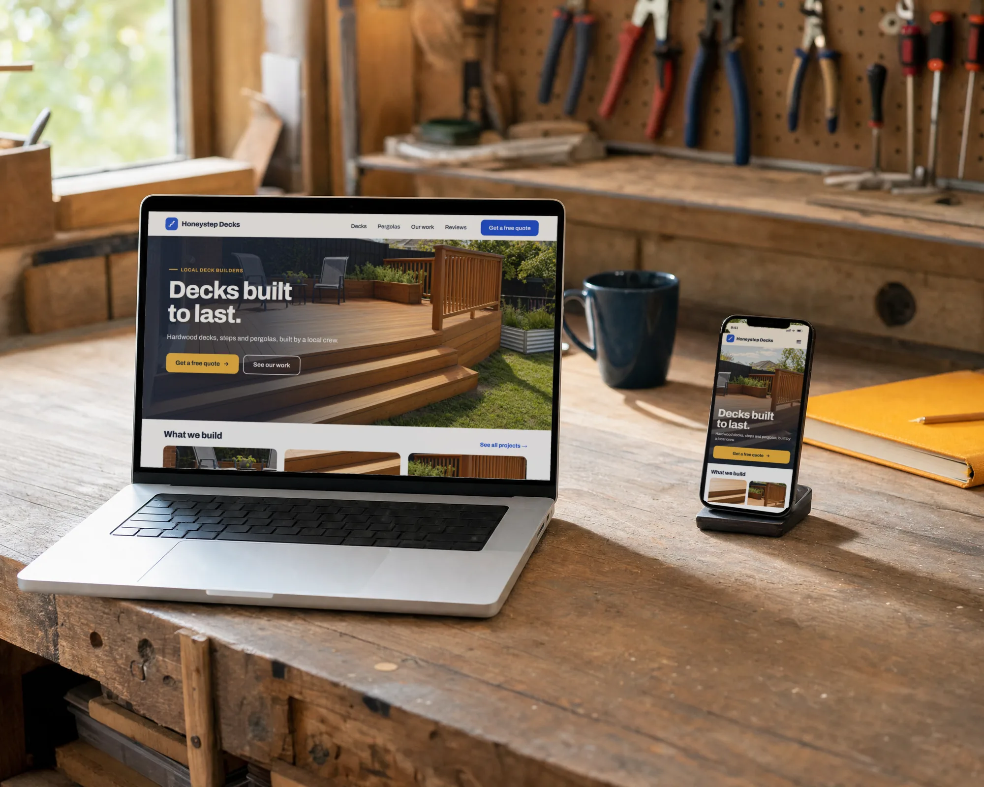 A fictional deck builder’s website, shown on a laptop and a phone on a workbench.
